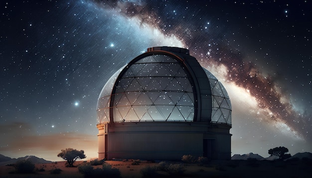 A night sky with a telescope and the milky way in the background.