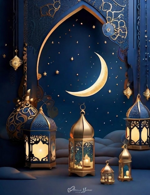 Night sky with twinkling stars and a crescent moon symbolizing the beginning of Ramadan Kareem