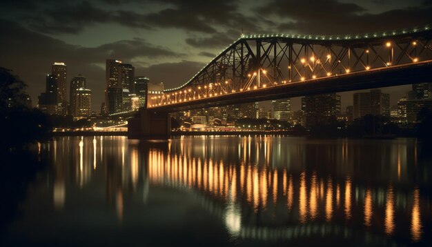 Night skyline reflects on water famous cityscape illuminated by twilight generated by artificial intelligence