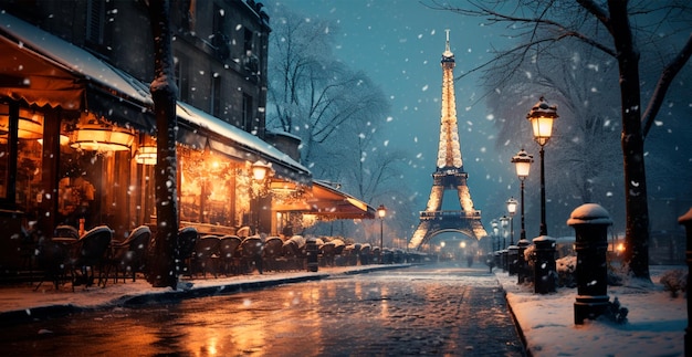Фото Ночь снежная рождество париж новый год праздник размытый фон ии сгенерированное изображение