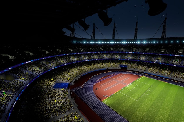 Arena dello stadio di calcio notturno con rendering di foto di alta qualità dei fan della folla