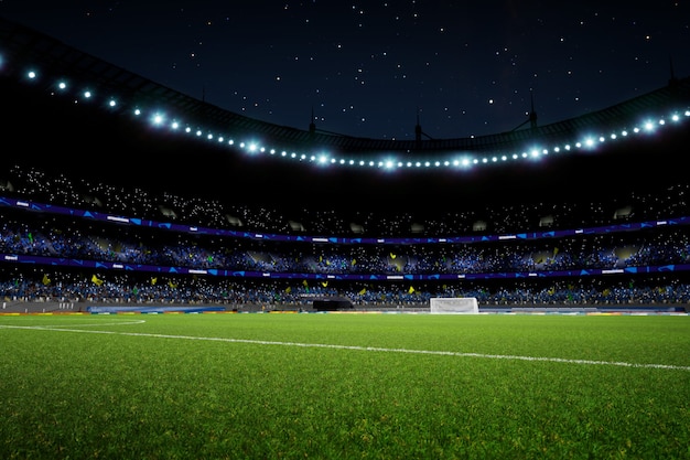 群衆のファンがいる夜のサッカースタジアムアリーナ高品質の写真レンダリング