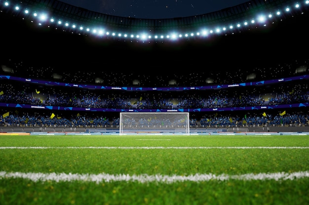 Arena dello stadio di calcio notturno con rendering di foto di alta qualità dei fan della folla