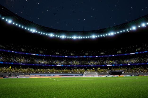 Arena dello stadio di calcio notturno con rendering di foto di alta qualità dei fan della folla