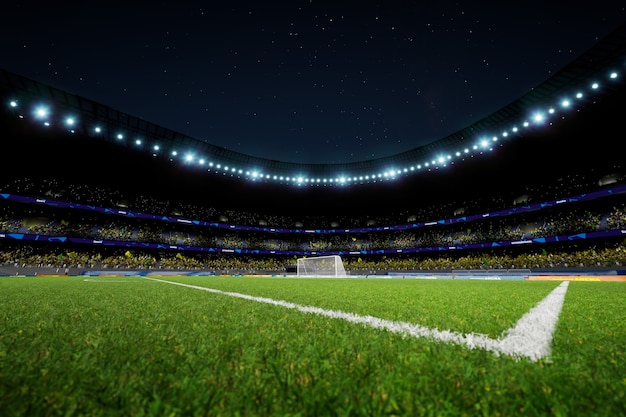 Arena dello stadio di calcio notturno con rendering di foto di alta qualità dei fan della folla