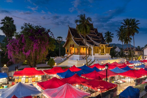 The night souvenir market in front of National museum of Luang Prabang, Laos.