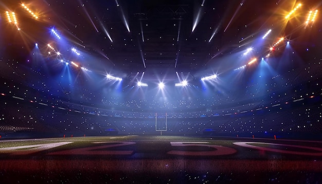 夜のスポーツアリーナ 空のスタジアムのイメージ ネオン色の中電灯の背景