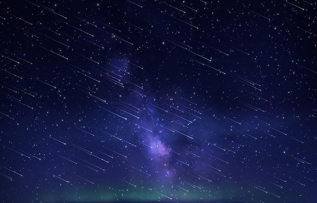 ночное звездное небо комета пыль туманность и звездопад ветер на голубом сиренево зеленый неоновые вспышки космические