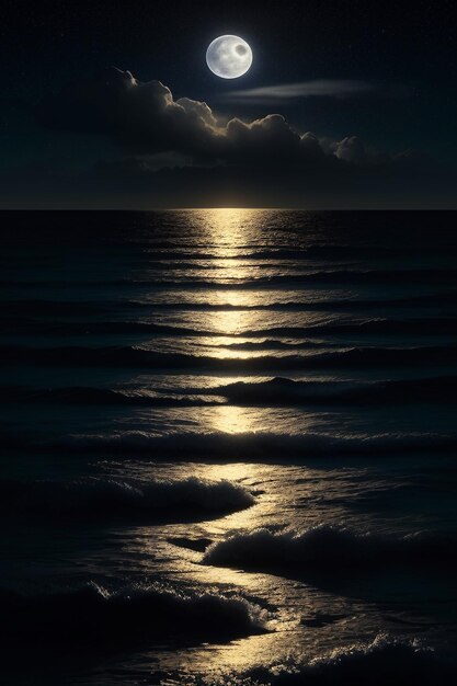 写真 夜の星空、海水に輝く月明かり、寂しい思いの壁紙、背景バナー