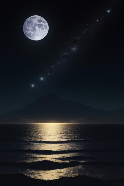写真 夜の星空、海水に輝く月明かり、寂しい思いの壁紙、背景バナー