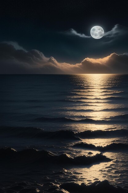 Night starry sky moonlight shining on the sea water lonely thoughts wallpaper background banner