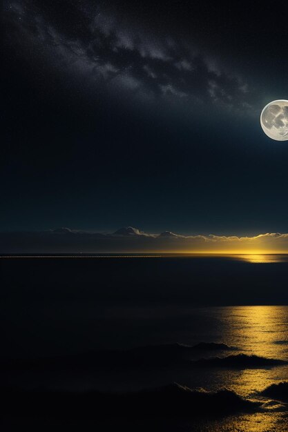 Night starry sky moonlight shining on the sea water lonely thoughts wallpaper background banner