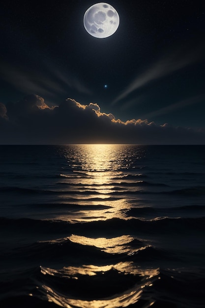 Night starry sky moonlight shining on the sea water lonely thoughts wallpaper background banner