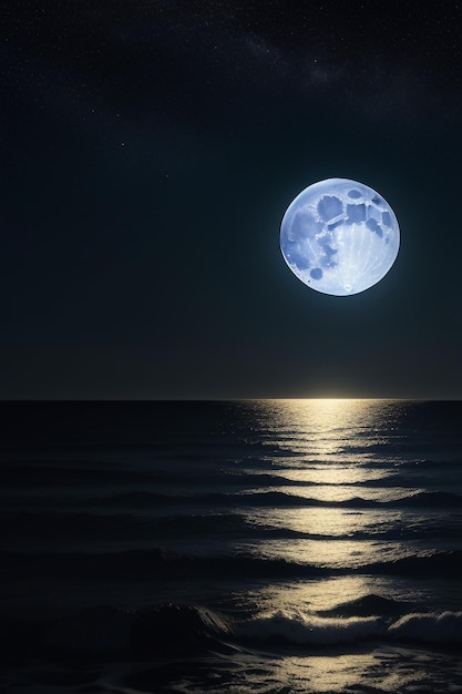 Foto cielo stellato notturno al chiaro di luna che splende sull'insegna solitaria del fondo della carta da parati dei pensieri solitari dell'acqua di mare