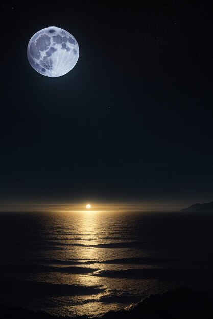 Night starry sky moonlight shining on the sea water lonely thoughts wallpaper background banner