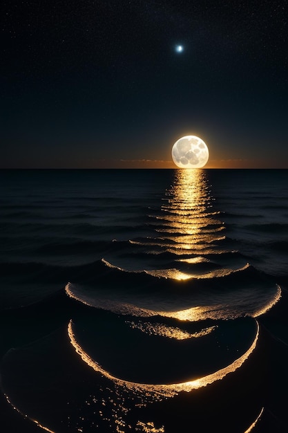 Foto cielo stellato notturno al chiaro di luna che splende sull'insegna solitaria del fondo della carta da parati dei pensieri solitari dell'acqua di mare