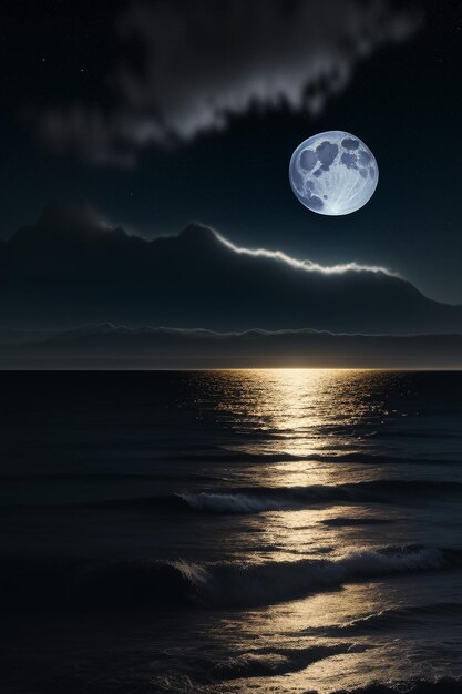 Night starry sky moonlight shining on the sea water lonely thoughts wallpaper background banner