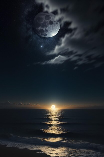 Night starry sky moonlight shining on the sea water lonely thoughts wallpaper background banner