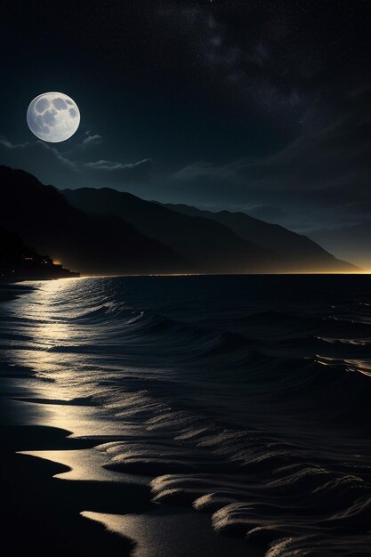 Photo night starry sky moonlight shining on the sea water lonely thoughts wallpaper background banner