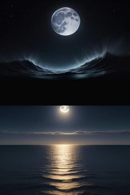 Night starry sky moonlight shining on the sea water lonely thoughts wallpaper background banner