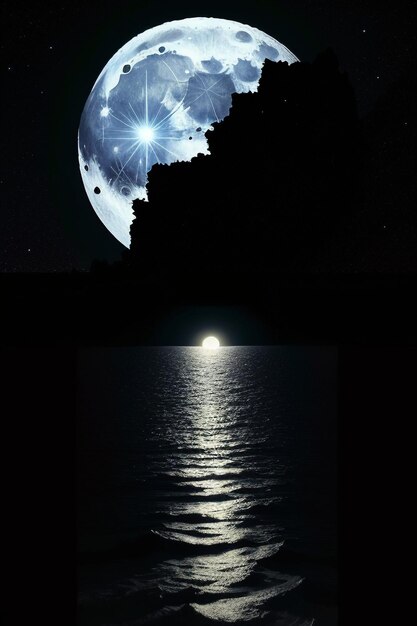 Photo night starry sky moonlight shining on the sea water lonely thoughts wallpaper background banner