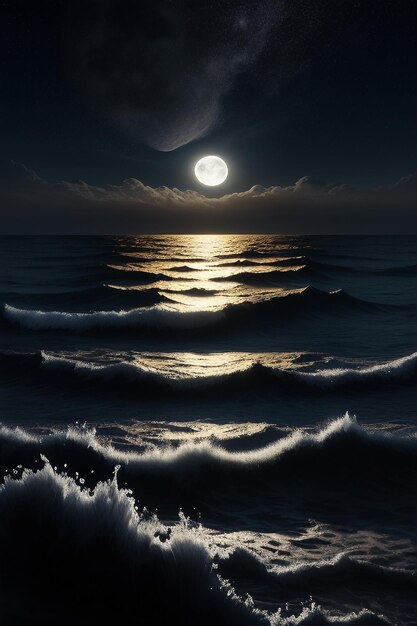 Night starry sky moonlight shining on the sea water lonely thoughts wallpaper background banner