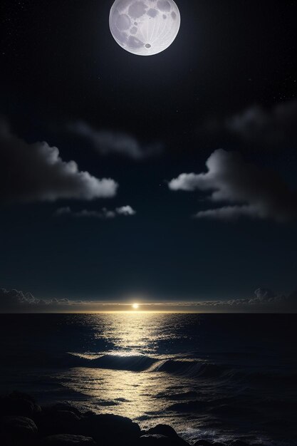 Night starry sky moonlight shining on the sea water lonely thoughts wallpaper background banner