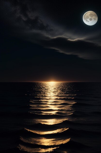 Foto cielo stellato notturno al chiaro di luna che splende sull'insegna solitaria del fondo della carta da parati dei pensieri solitari dell'acqua di mare