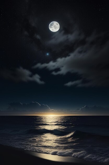 Night starry sky moonlight shining on the sea water lonely thoughts wallpaper background banner