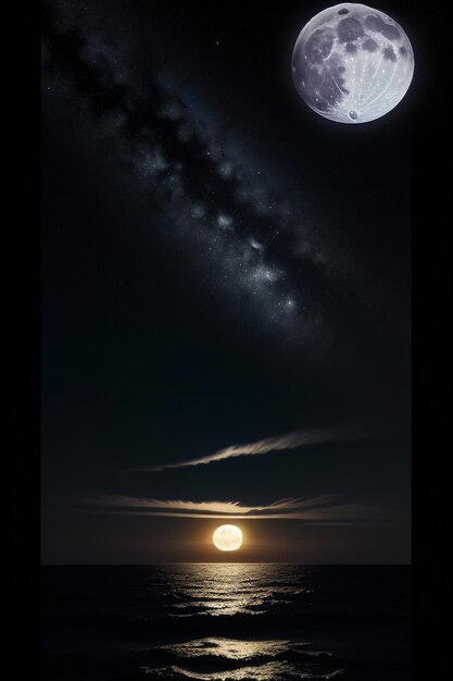 Night starry sky moonlight shining on the sea water lonely thoughts wallpaper background banner