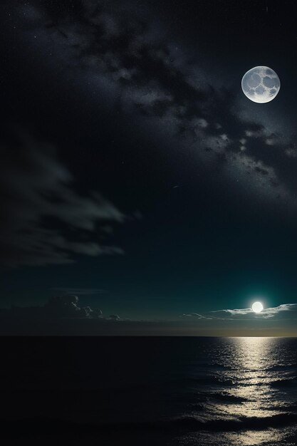 Night starry sky moonlight shining on the sea water lonely thoughts wallpaper background banner