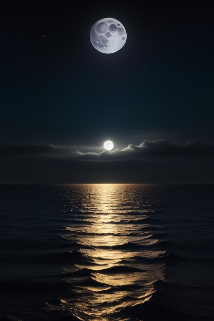 Night starry sky moonlight shining on the sea water lonely thoughts wallpaper background banner