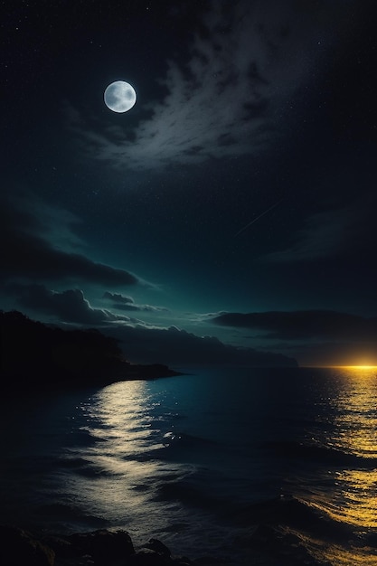 Night starry sky moonlight shining on the sea water lonely thoughts wallpaper background banner