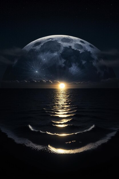 Night starry sky moonlight shining on the sea water lonely thoughts wallpaper background banner