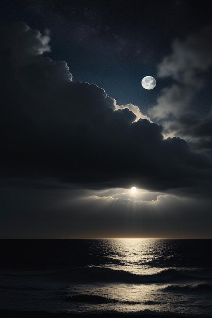 Night starry sky moonlight shining on the sea water lonely thoughts wallpaper background banner