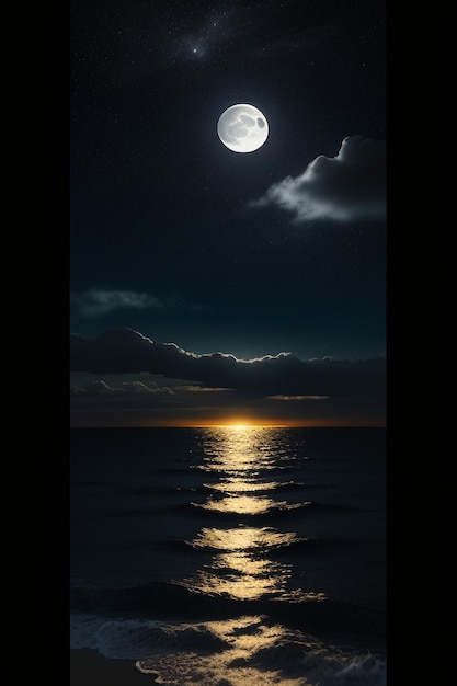 夜の星空、海水に輝く月明かり、寂しい思いの壁紙、背景バナー