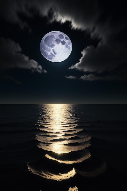 Night starry sky moonlight shining on the sea water lonely thoughts wallpaper background banner