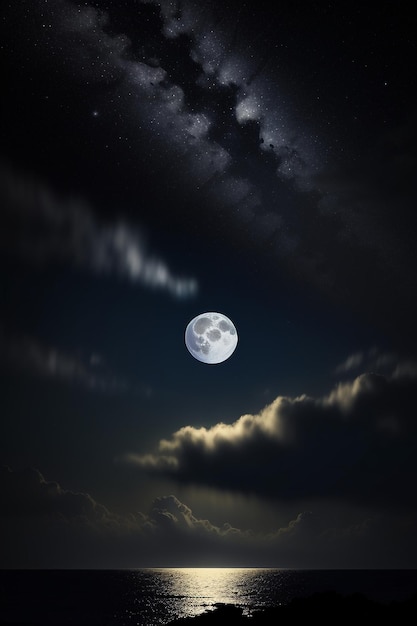 Night starry sky moonlight shining on the sea water lonely thoughts wallpaper background banner