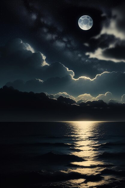 Night starry sky moonlight shining on the sea water lonely thoughts wallpaper background banner