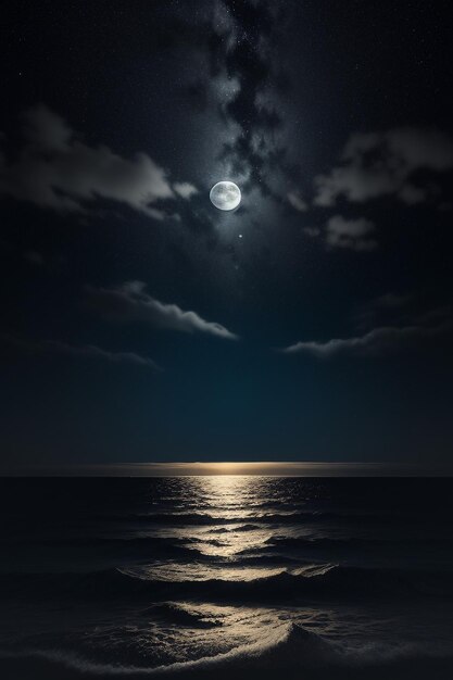 Night starry sky moonlight shining on the sea water lonely thoughts wallpaper background banner