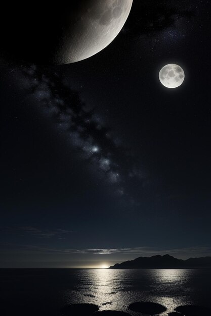 夜の星空、海水に輝く月明かり、寂しい思いの壁紙、背景バナー