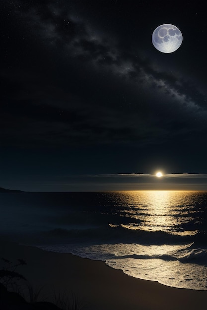 Night starry sky moonlight shining on the sea water lonely thoughts wallpaper background banner