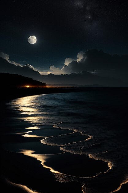 Night starry sky moonlight shining on the sea water lonely thoughts wallpaper background banner