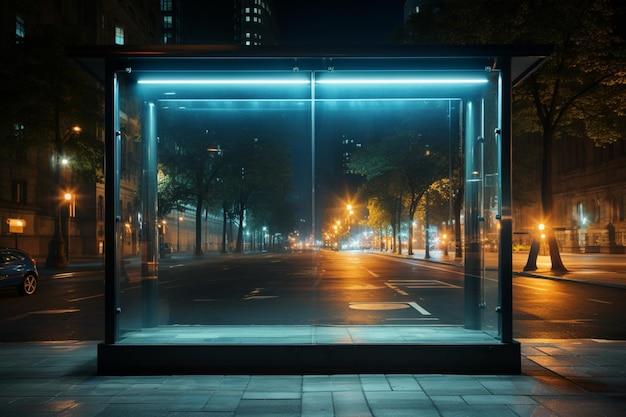 Night street mockup of empty ad light box on bus stop