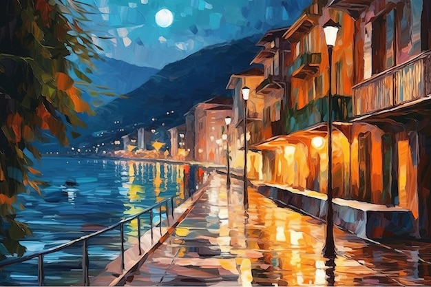 Night street of the resort town near the sea Oil painting in the style of impressionism Generative AI