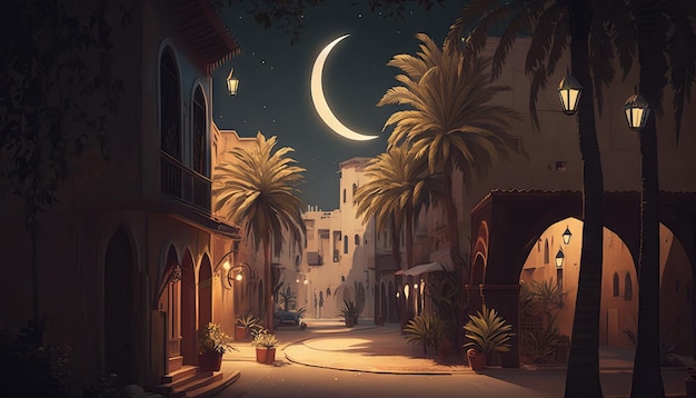 Night street with palm trees and lanterns Generative AI