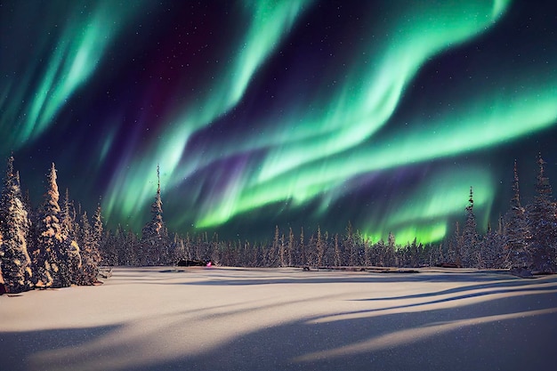 Paesaggio terrestre notturno con aurora boreale nel cielo