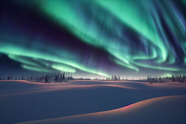 Night terrestrial landscape with aurora northem lights in the sky