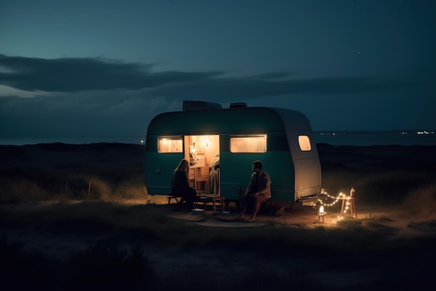 During the night there are two people seen sitting outside of a camper