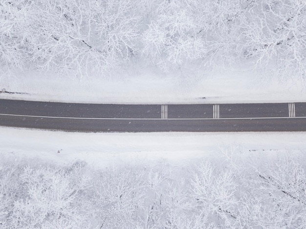 Night time aerial top down view of a snowy road surrounded pine tree forest in winter season.